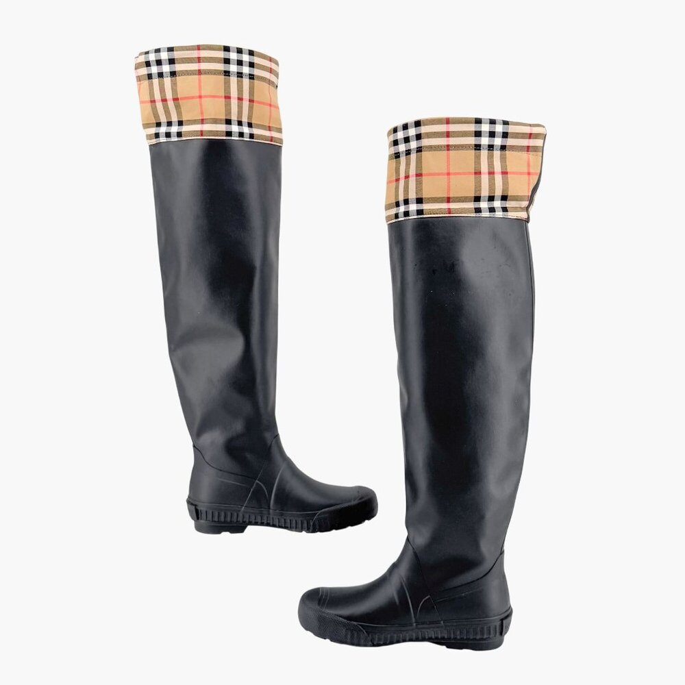 Burberry Freddie Over The Knee Rain Boots EU 37 US 7 Black Rubber Beige Check - Picture 12 of 16